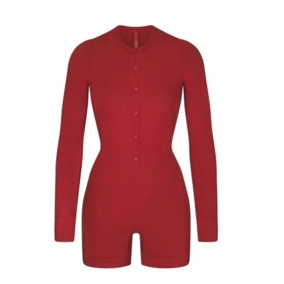 SKIMS Pants - Skims Soft Lounge Button‎ Up Henley Onesie Brick Red Ribbed Romper  XL